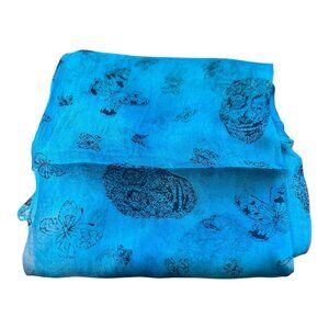 Raj Anthropologie 100% Silk Scarf Blue Butterfly Skull Made In India 17.5”x70”